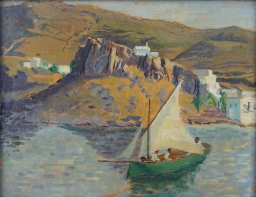 Mary Rennell (British, 1901-1981), The Island of Patmos; Ruined Temple at Olympia, a pair, oil on board, each inscribed with title, artist's name and