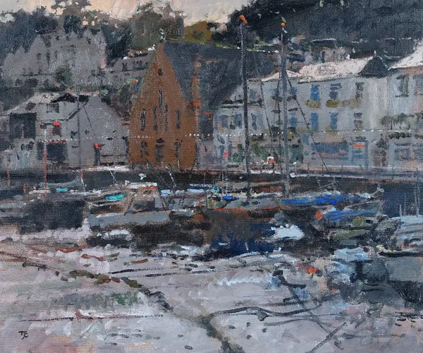 Tom Coates (British, b. 1941), Dusk at the harbour at St Aubin's, Jersey, signed with monogram, oil on canvas, 50 x 60cm. ARR