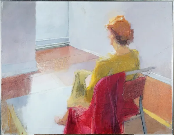 Jacqueline Rochester (Contemporary), Woman seated in an interior, signed on stretcher, oil on canvas, 90 x 116cm.