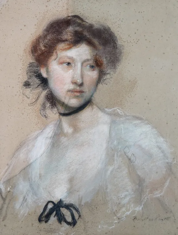 Francis 'Frank' William Carter (British, 1870-1933), A portrait of a lady in white, signed 'Frank W Carter' (lower right) and bears The Pastel Society