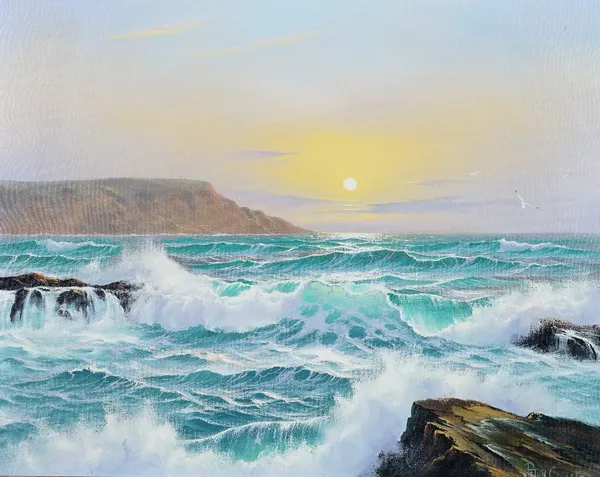 Peter Cosslett (British, b. 1927), Waves breaking on the rocks, signed 'Peter Cosslett' (lower right), oil on canvas, 39 x 49cm. ARR