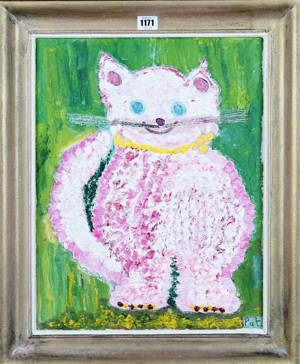 Pat Mitchell, (British, 20th Century), The Pink Cat, signed 'Pat' (lower right) and bears label (verso), oil on board, 45 x 35cm  ARR