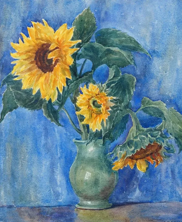 L*** D*** Eagle (British, 20th Century), Still life of sunflowers in a green vase, signed 'L D Eagle' (lower right), watercolour, 59.5 x 49.5cm.