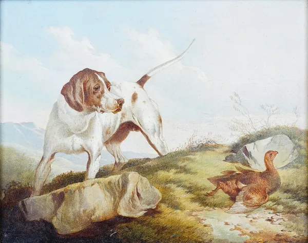 Paul Jones (British, fl. 1855-1888), Pointer and partridge, oil on canvas, 20 x 24cm.