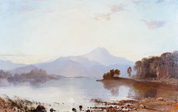 Circle of Charles Leslie, Mountainous lake scene, oil on canvas, 57 x 90cm.