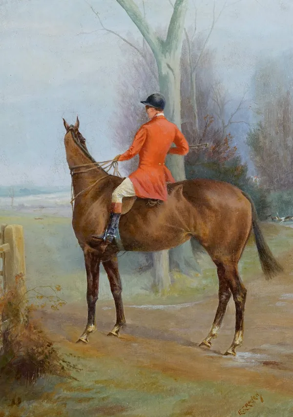 E Craven (British, 20th Century), A Huntsman on his horse; The Chase, a pair, each signed 'E Craven' (lower right), oil on board, each 34.5 x 24.5cm (