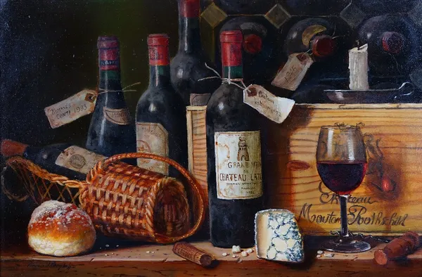 Raymond Campbell (British, b. 1956), The Wine Collection, signed 'Raymond Campbell' (lower left), oil on board, 40 x 60cm.ARR