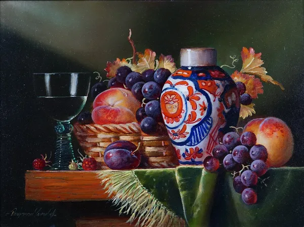 Raymond Campbell (British, b. 1956), Still life of fruit, a glass and a vase, signed 'Raymond Campbell' (lower left), oil on board, 29 x 39cm.ARR