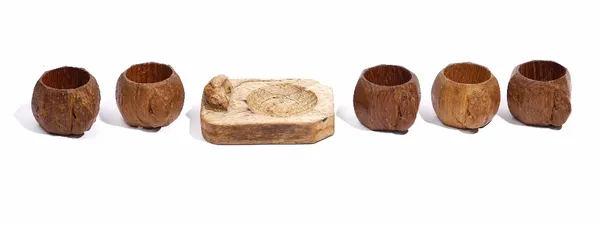 ROBERT THOMPSON 'The Mouseman' five octagonal oak napkin rings, each carved with a mouse and a rectangular cut-cornered ashtray (6).