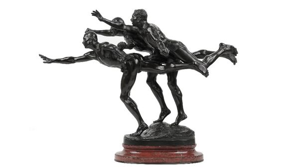 Alfred Boucher (1850-1934), Au But (The Finishing Line), signed and numbered 7235, bronze with black patina, 45cm high (excluding base) x 68cm wide x