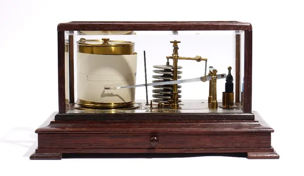 A 20th century oak cased barograph, unsigned, in a glazed rectangular case with frieze drawer to the base, 36cm wide.