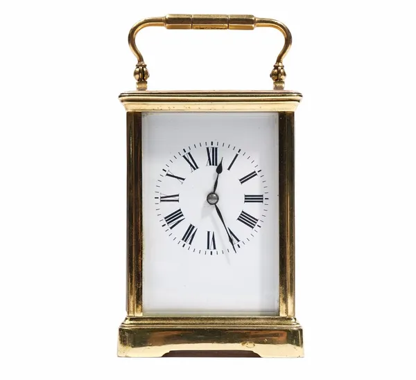 A French gilt-brass cased carriage clock, with visible platform escapement, detailed 'Made in Switzerland', single train movement, 17cm high.