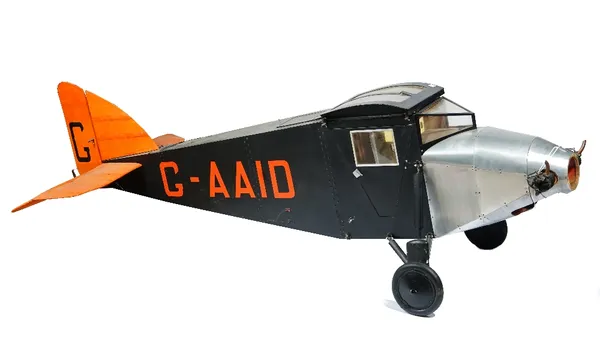 A scratch built model of an ABC Robin monoplane, finished in black and orange, 175cm long, 252cm wide (lacking propeller).