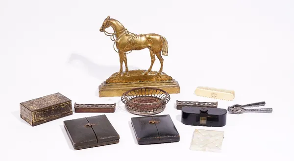 Two 19th century portrait minature cases, a mother-of-pearl visiting card case, a Sheffield plate wire-work bottle coaster, a brass door stop modelled