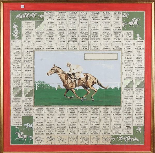 A design for a silk scarf, painted centrally with a horse & jockey within a bordered list of previous winners of The Arc de Triomphe, framed and glaze