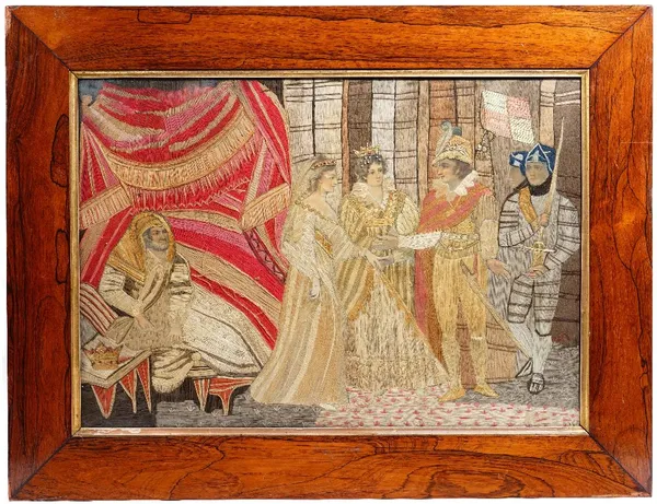 A 19th century tapestry panel, depicting a Medieval wedding ceremony, framed and glazed, 82cm x 62cm.