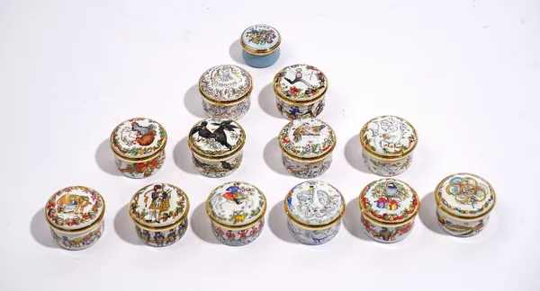 A collection of thirteen Halcyon Day's enamel boxes, (13).