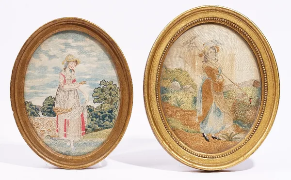 Two oval silkwork tapestries, 18th and 19th century, depicting ladies standing, framed and glazed, the largest 28cm x 23cm. (2)