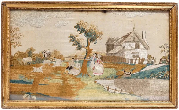 A 19th century rectangular silkwork tapestry panel of a farmyard scene, 46cm x 28cm.