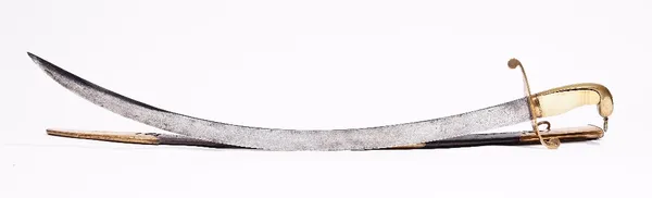 An early 19th century Yeomanry sword, Circa 1820, with curved blade, brass hilt and ivory grip, with a leather and brass mounted scabbard, length 78cm