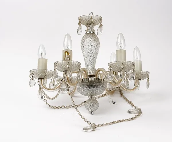 A Modern Italian glass six light chandelier hung with swags of drops.