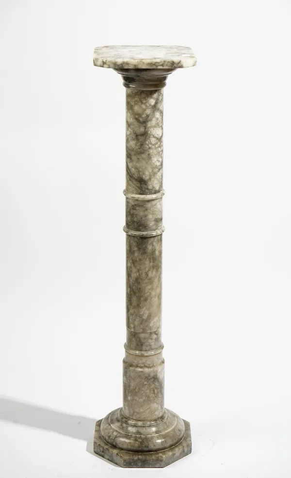 A grey onyx marble pedestal, 20th century, with ring turned cylindrical column, 98cm high x 23cm square.