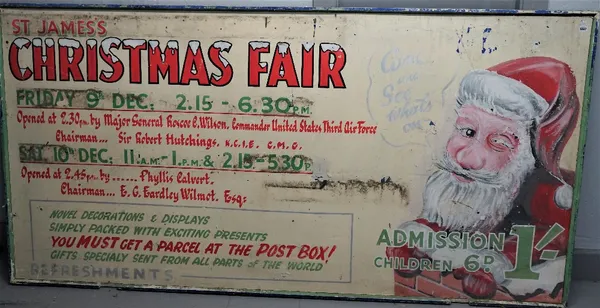 A large St James's Christmas fair wooden painted advertising board, mid 20th century, 248cm x 125cm.