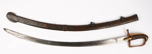 A French Hussar trooper's sabre, 1777-1802, with regulation Klingenthal blade and associated later scabbard, length 99cm.