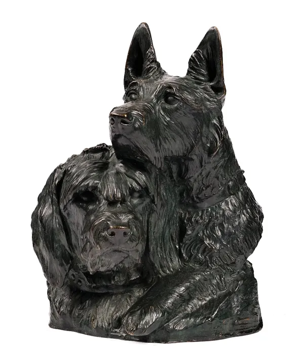 Irenee Rochard (1906-1984), a French bronze bust of two terriers, signed, 42cm high. ARR.