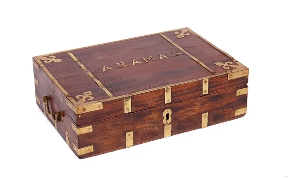 A group of seven 19th century campaign style hardwood boxes, to include a brass bound example, the cover detailed 'ARAMAN', with a fitted interior, th