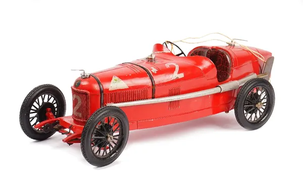 Alfa Romeo P2 tinplate toy car by C.I.J. (Compagnie Industrielle du Jouet) France, Circa 1930, finished in red with black painted spoked wheels, with