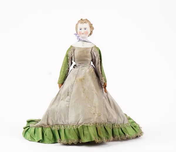 Autoperipatetikos mechanical walking doll, mid 19th century, probably German, the Parian-style head with painted features, leather arms and satin dres