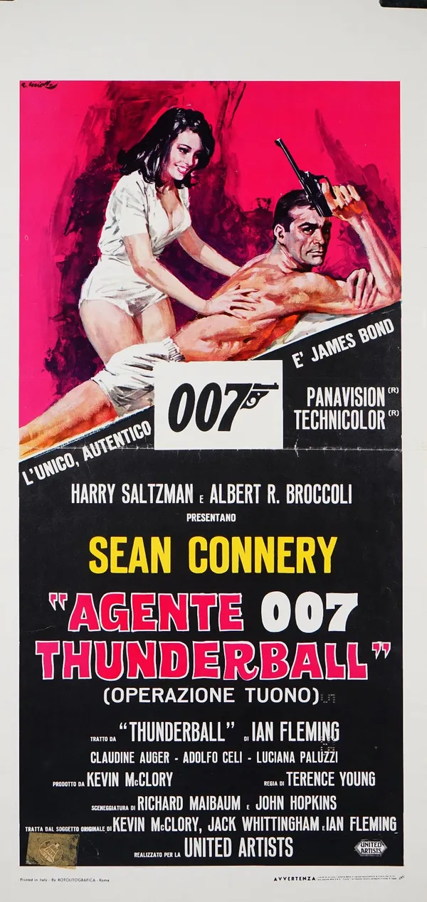 Thunderball Italian film posters, James Bond, a group of five, with differing artwork, previously folded, 67cm x 46cm, and a lobby poster, 33cm x 70cm