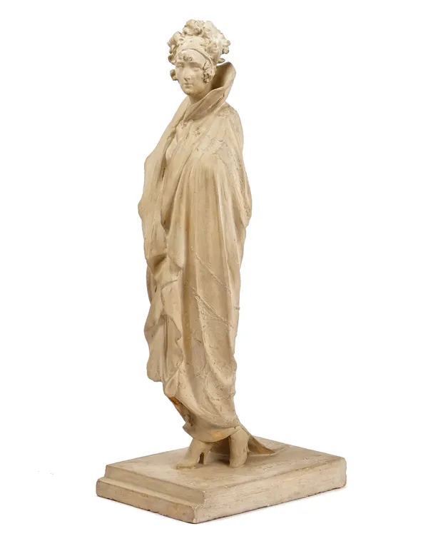 A plaster and terracotta figure of an elegant lady in dress, circa 1920, indistinctly signed to the base, 50cm high.