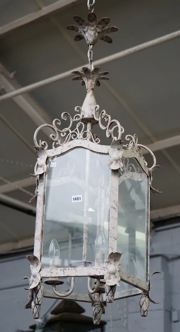 A modern distressed grey painted hall lantern, with an internal three light pendant fitment, 101cm high.