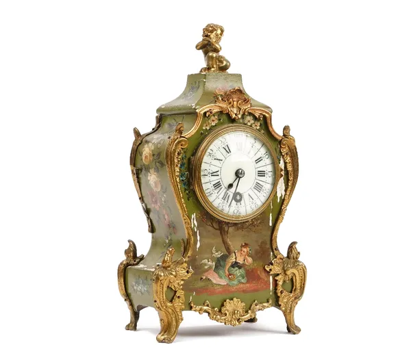 A French green painted mantel clock, 20th century with gilt metal mounts and cherub finial, pendulum, 28cm high.