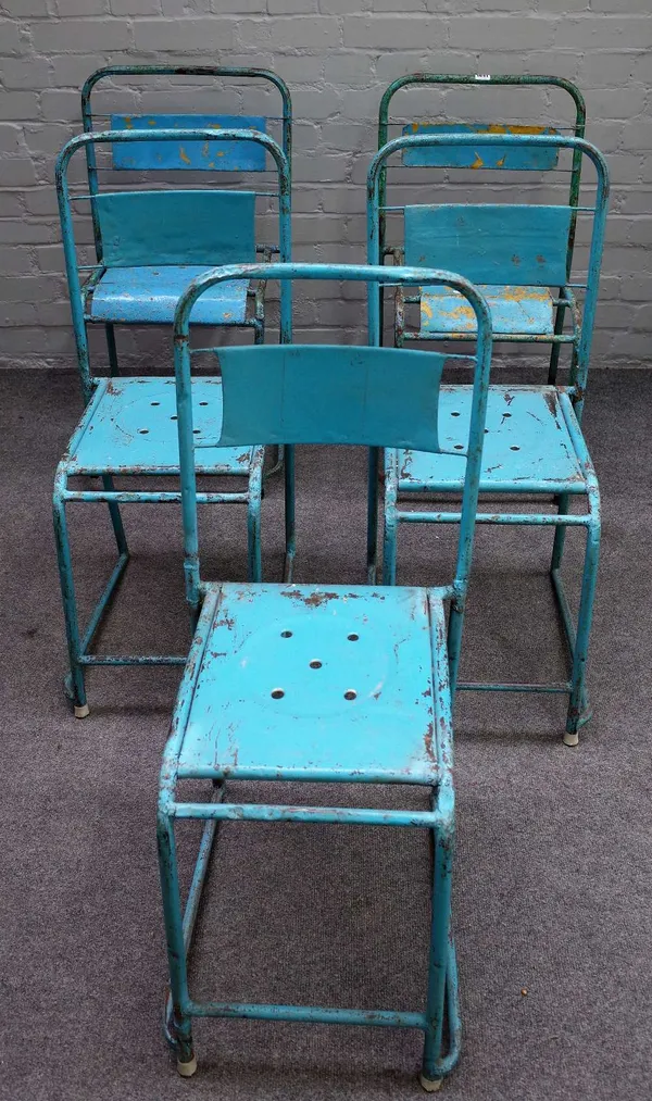 Industrial design, a set of five blue painted metal stacking chairs with tubular frames, 45cm wide x 81cm high (5).