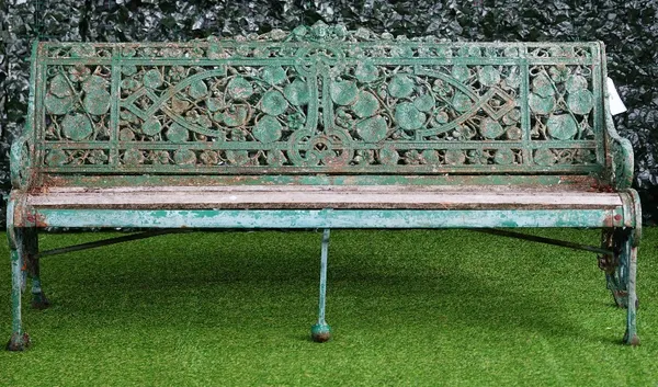 Coalbrookdale; Nasturtium pattern green painted cast iron garden bench, 182cm wide x 87cm high, (a.f).