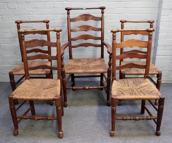 A set of five George III ash Lancashire ladder back dining chairs, on turned supports with one carver (5).