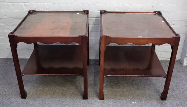 A pair of 18th century style mahogany two tier square occasional tables on block supports, 59cm wide x 83cm high (2).