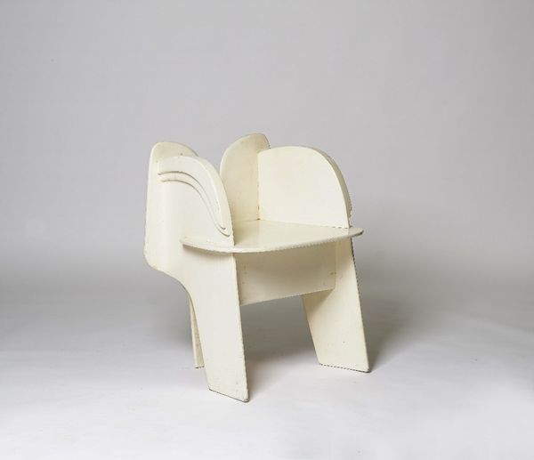 Max Clendinning; a prototype chair, white painted laminated wood, 55cm wide x 68cm high.