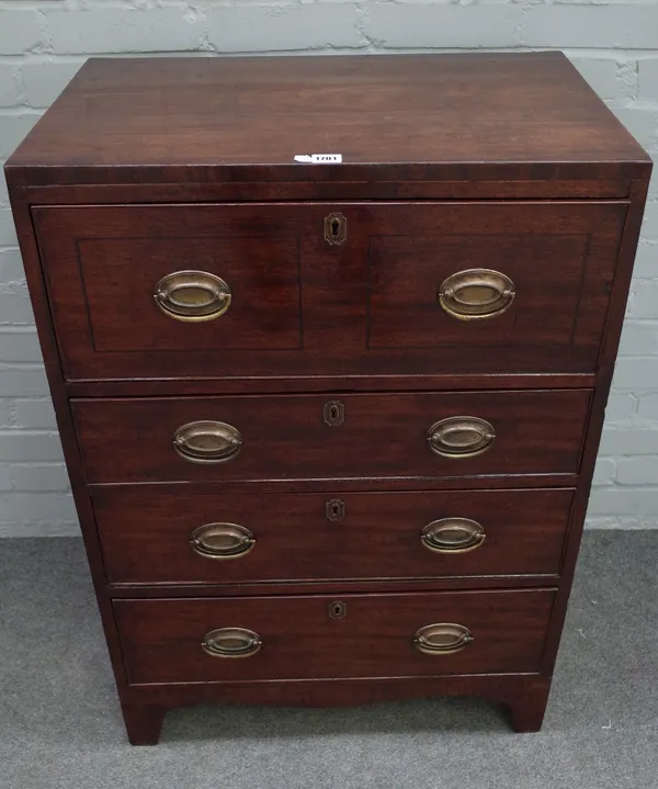 A George III inlaid mahogany chest with four long graduated drawers on bracket feet, 69cm wide x 99cm high.