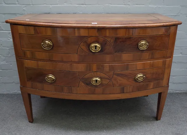 An 18th century German inlaid walnut bow chest of two long drawers, on tapering square supports, 120cm wide x 83cm high.