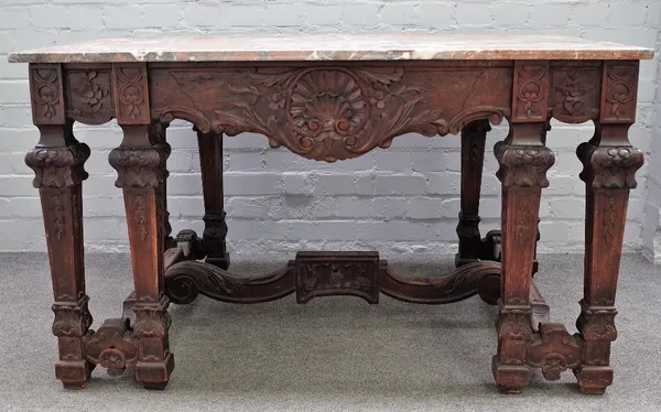 A Baroque revival rectangular marble top centre table, on eight carved square tapering supports, united by shaped stretcher, 123cm wide x 73cm high.