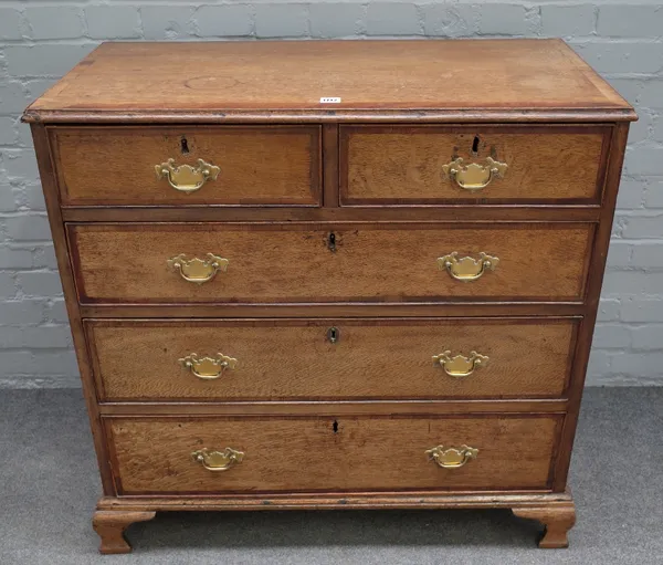 A George III oak mahogany crossbanded chest,  with two short and three long drawers, 93cm wide x 49cm deep x 91cm high.