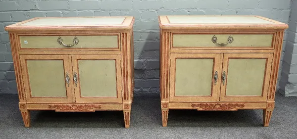 A pair of 18th century style French duck egg blue and peach painted side cabinets, each with a single drawer over cupboards on tapering square support