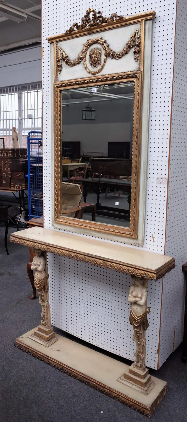 A parcel gilt and cream painted neo-classical revival mirror, with ribbon crest, together with similar console with caryatid mounts, 115cm wide x 234c