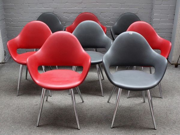 IMS Italia Comfort Living, DI Bartolomei Design; a set of eight mid-20th century Italian red and black upholstered tub back chairs on tapering tubular