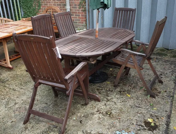 Royal Craft; a teak oval extending garden table, 100cm wide x 168cm long with two extra leaves, 228cm long when fully extended, together with five fol