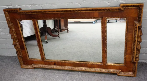 A George II style parcel gilt walnut triple plate rectangular overmantel mirror, 122cm wide x 66cm high.